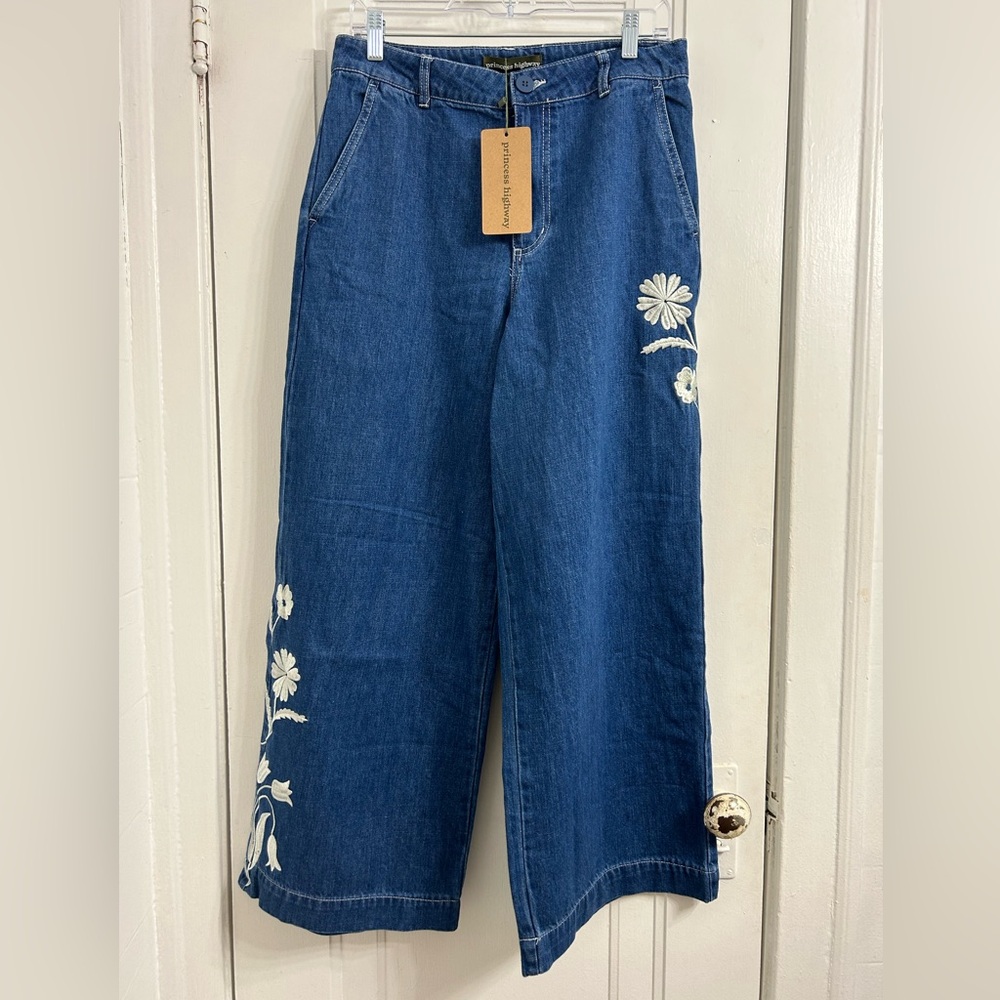 NWT Princess Highway high waist wide leg embroidered denim